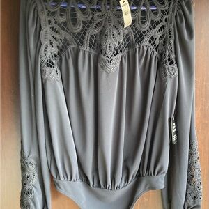 Express Black Lace Fitted Bodysuit with Long Sleeves